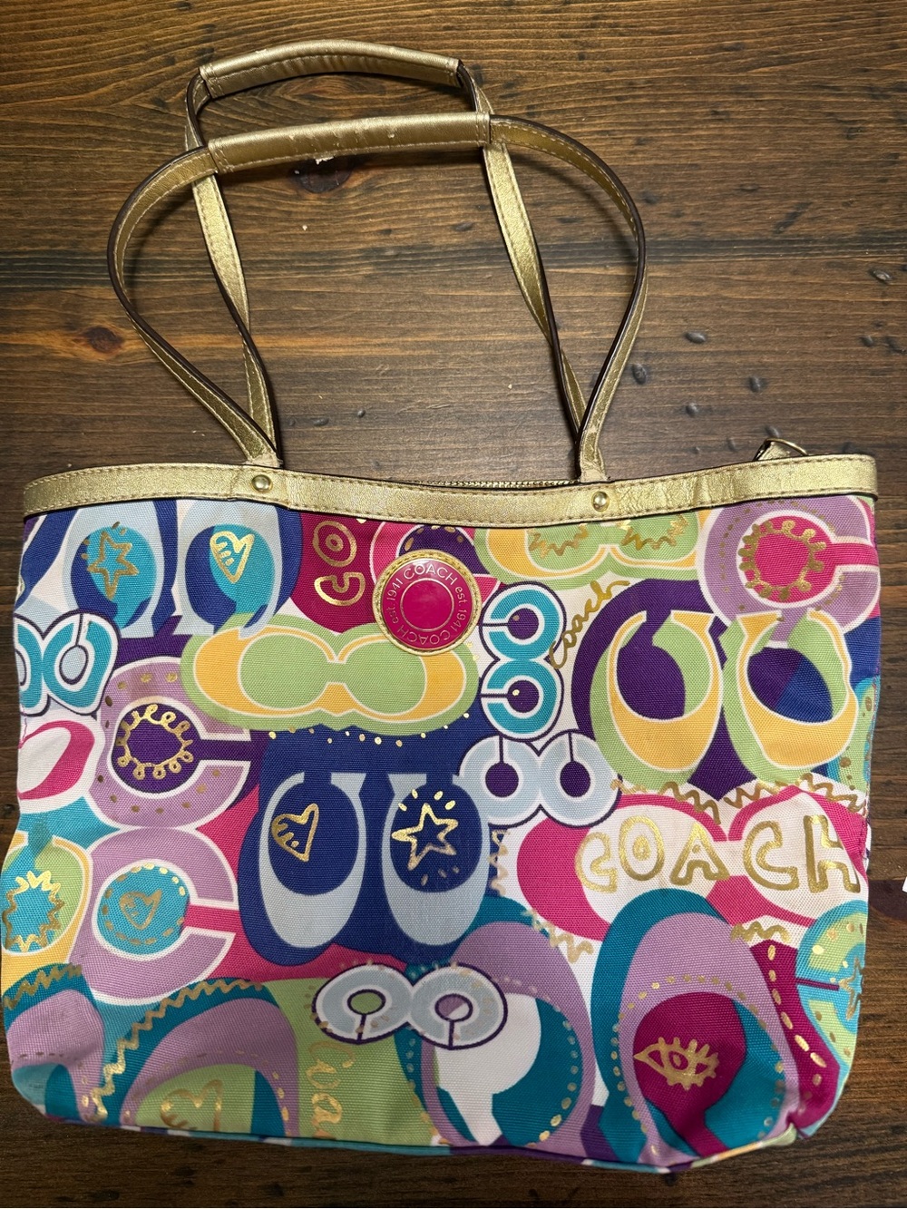 Coach Multicolor Signature Canvas Tote with Gold Trim